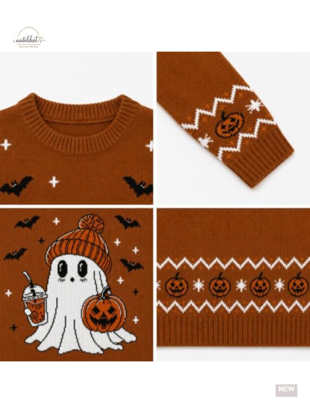 Women's Halloween Ghost Pumpkin Knit Pullover Sweater Crewneck - Picture 5 of 5